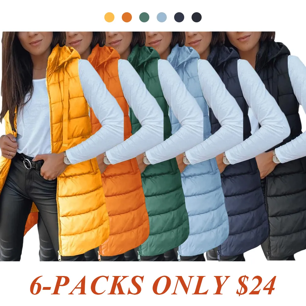 Women Long Vest Solid Color Sleeveless Hood Winter Puffer Vest Outwear