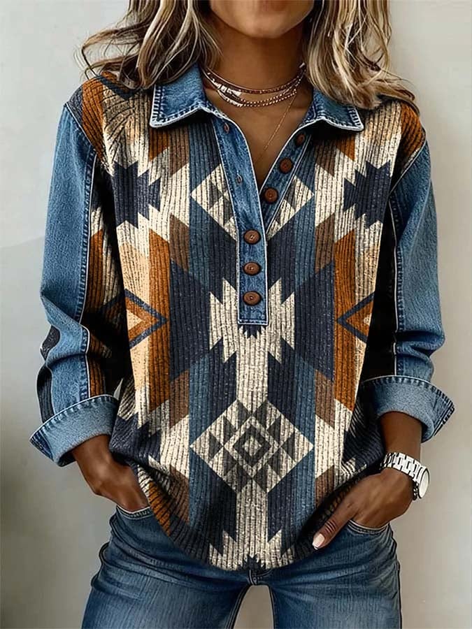 Women'S Casual Color-Block Printed Patchwork Pullover Sweatshirt