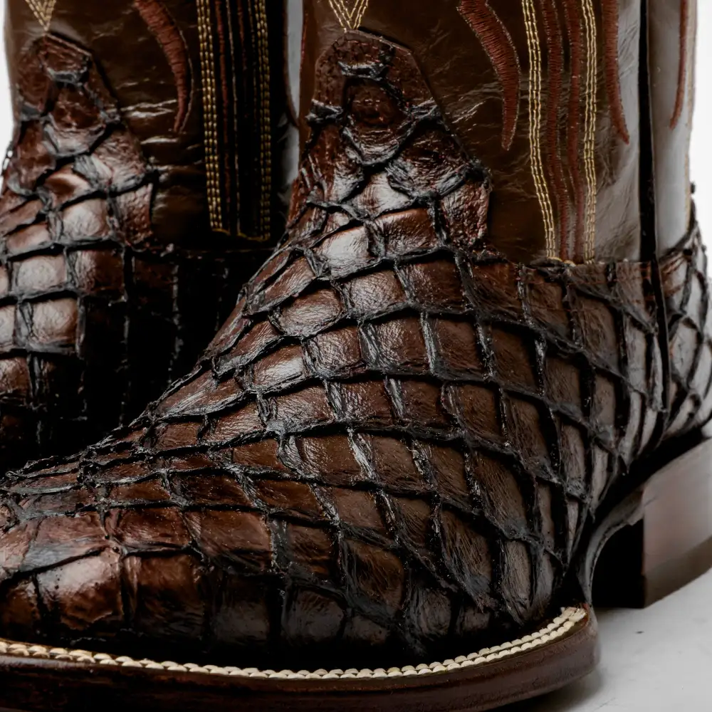 Chocolate Brown Mini Pirarucu Leather Boots - Square Toe