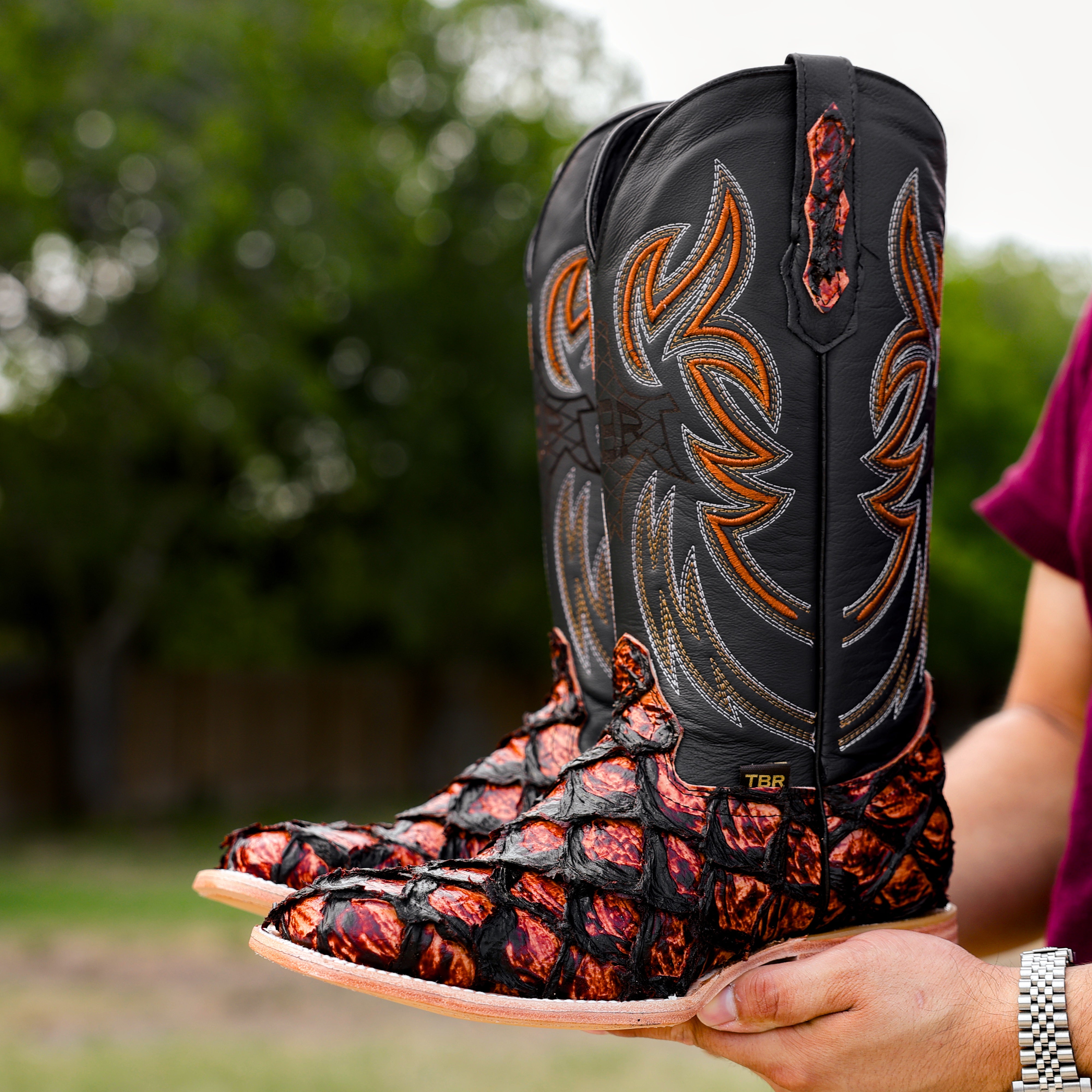 Cognac Jumbo Pirarucu Leather Boots - Square Toe