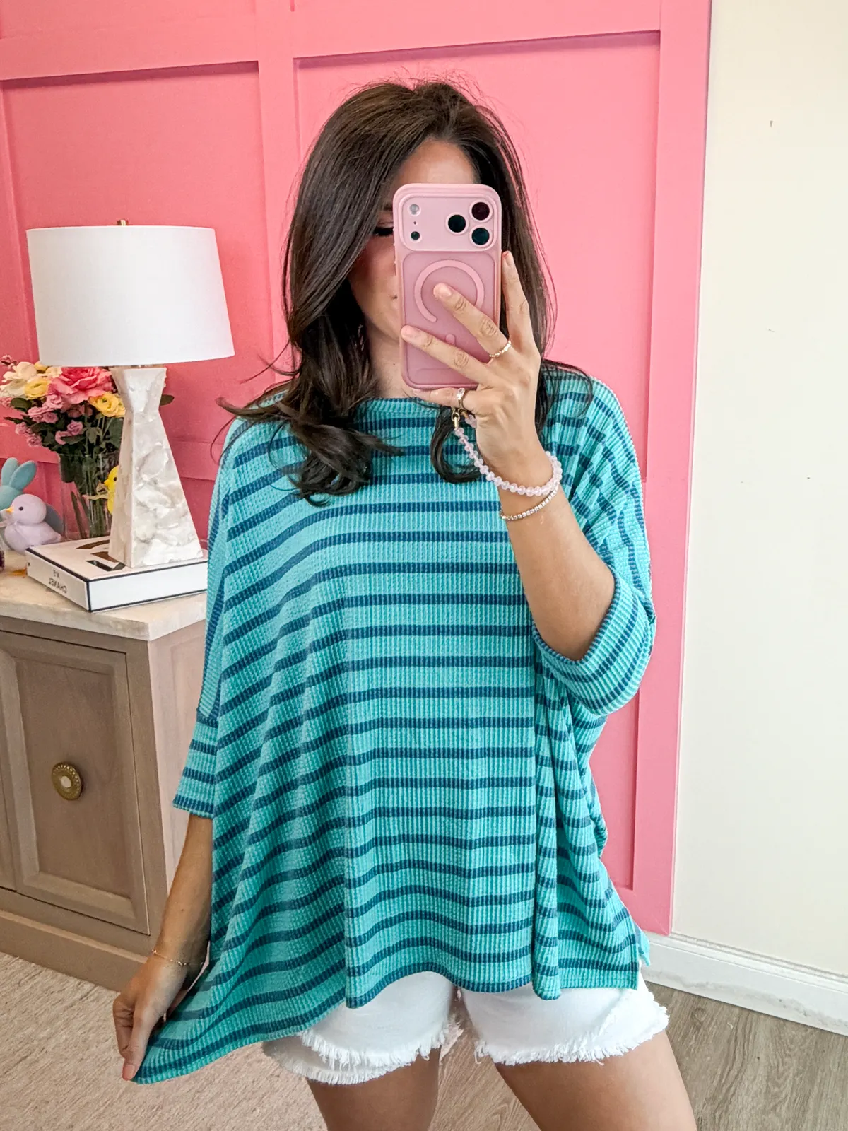 Spring Striped Raised Rib Easy Fit 3/4 Sleeve Top