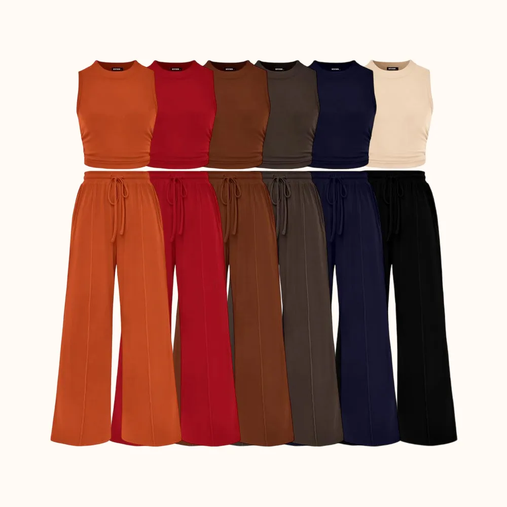 Women's Summer 2-Piece Outfits - Ribbed Knit Crew Neck Sleeveless Cropped Top & Wide Leg Pants Lounge Set