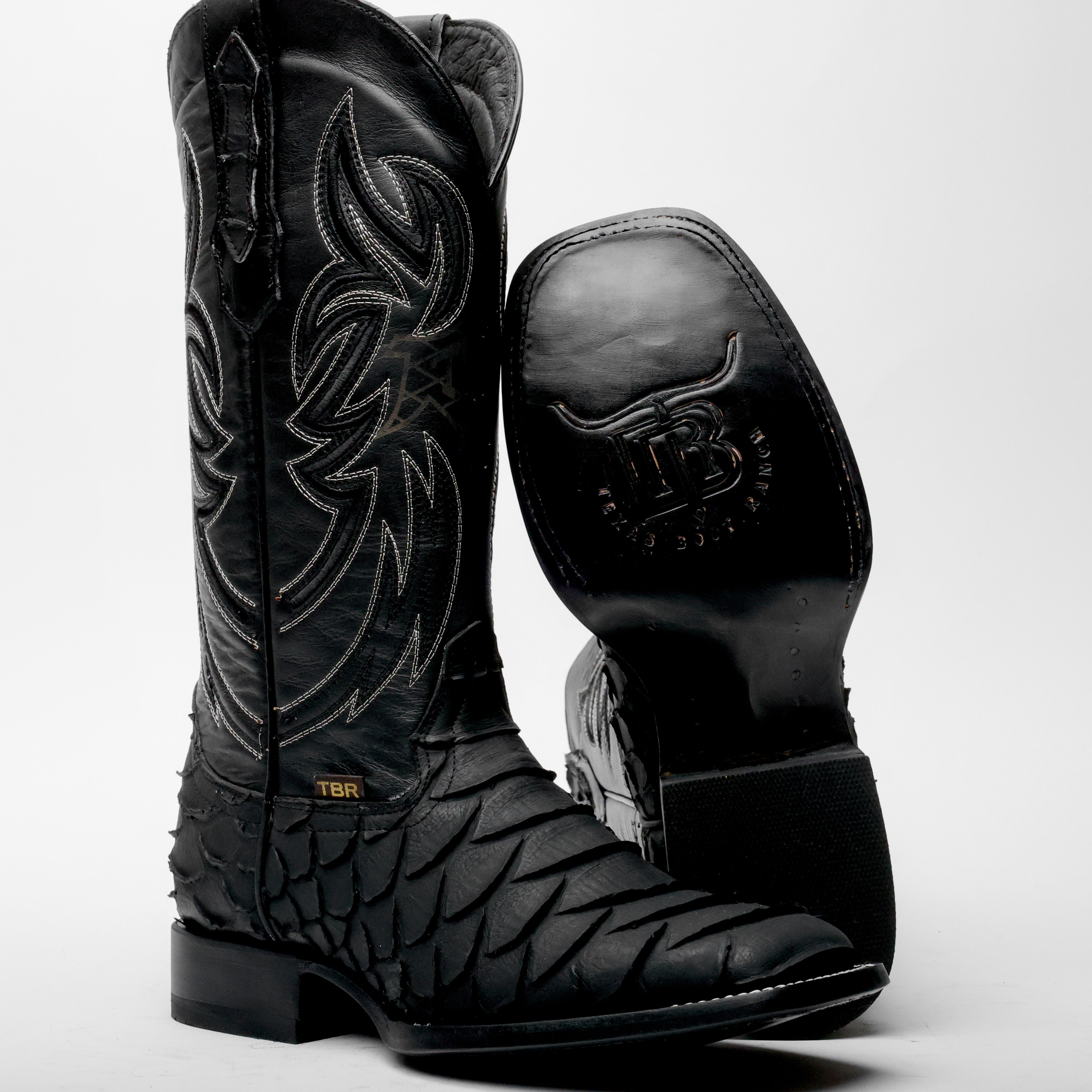Black Jumbo Python Leather Boots - Square Toe