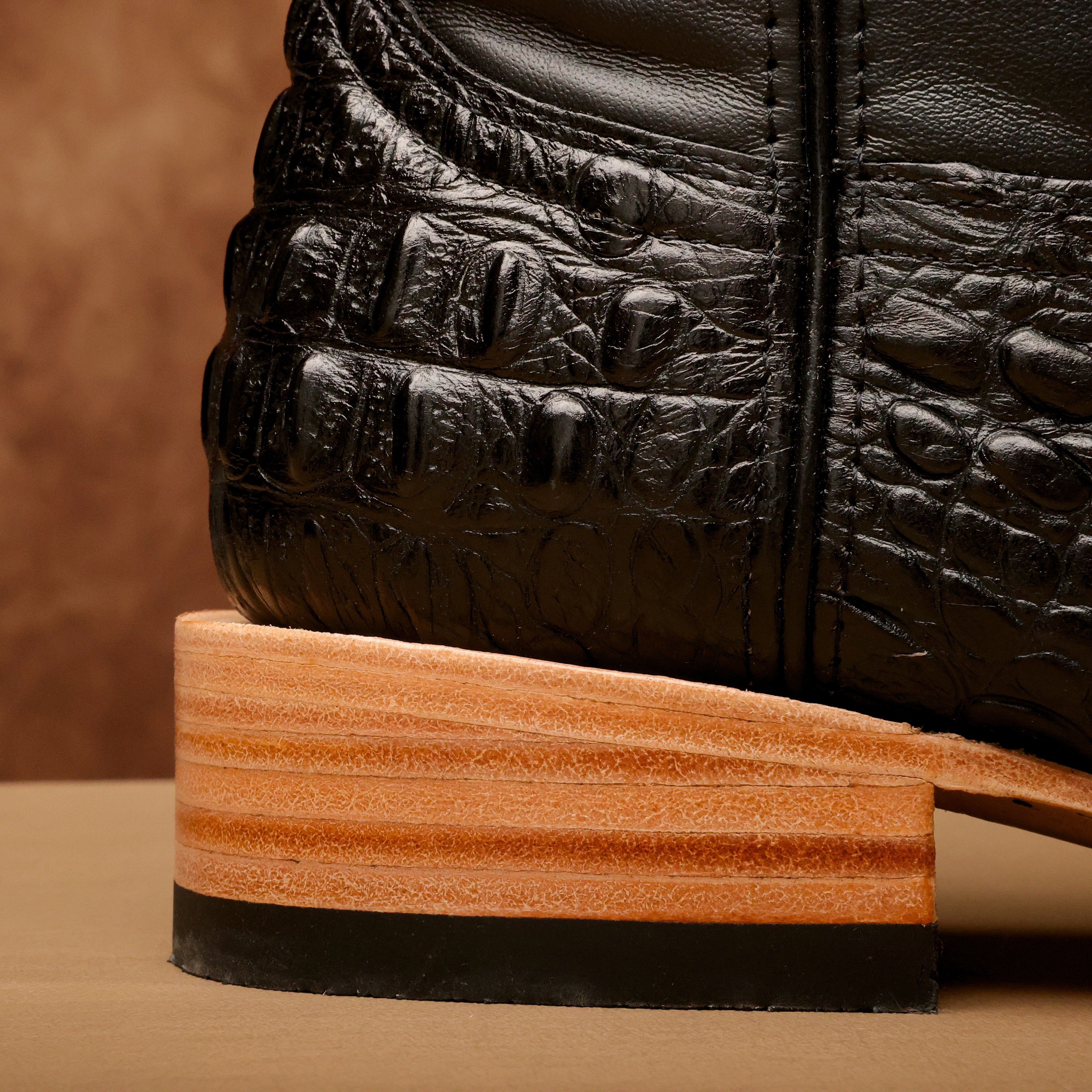 Black Caiman Neck Leather Boots - Square Toe