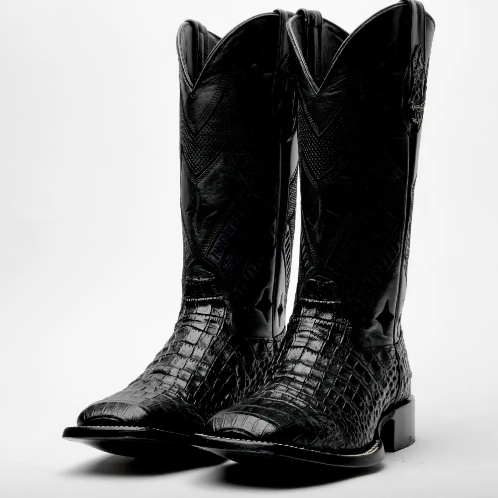 Total Black Caiman Belly Leather Boots - Square Toe