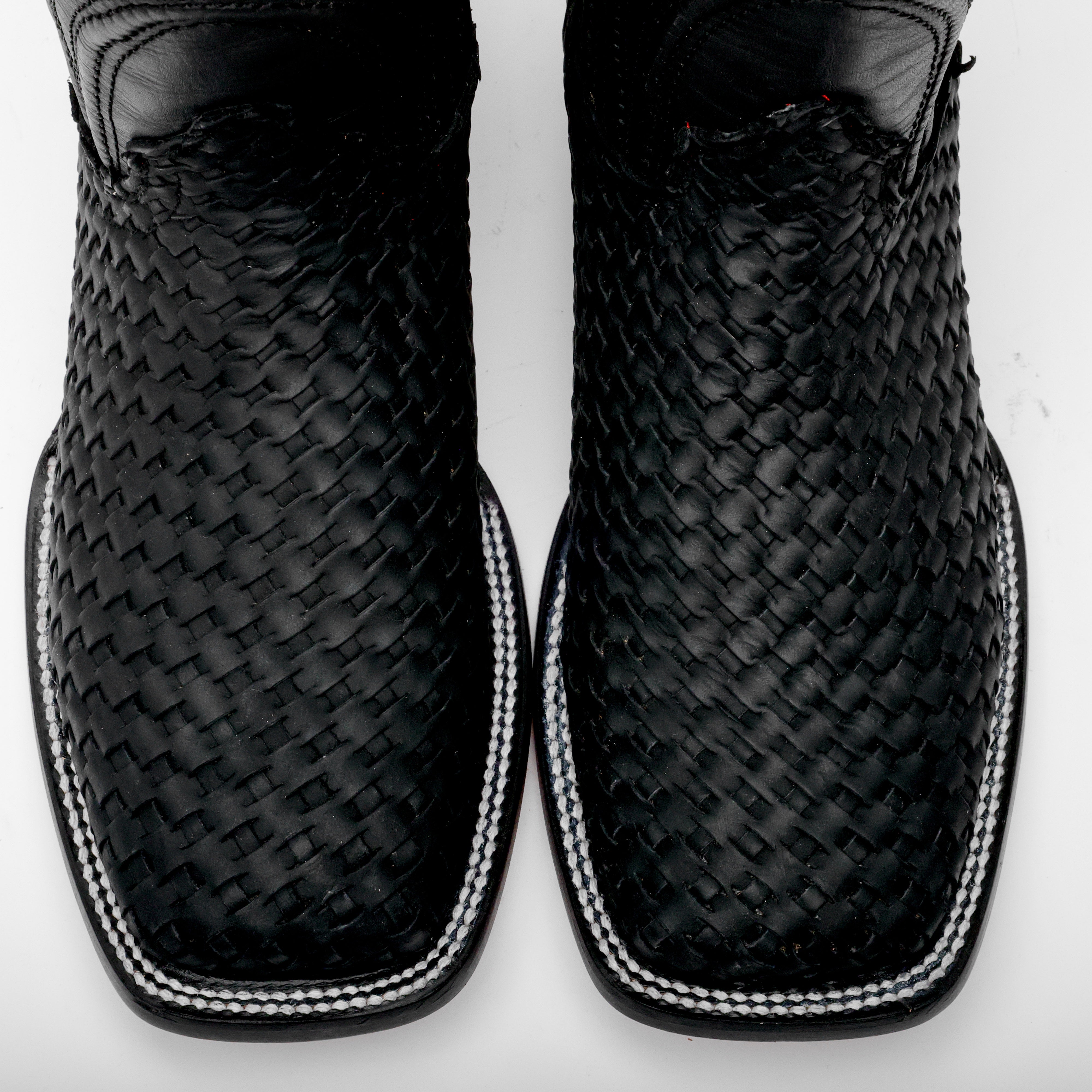 Black Basketweave Leather Boots - Square Toe