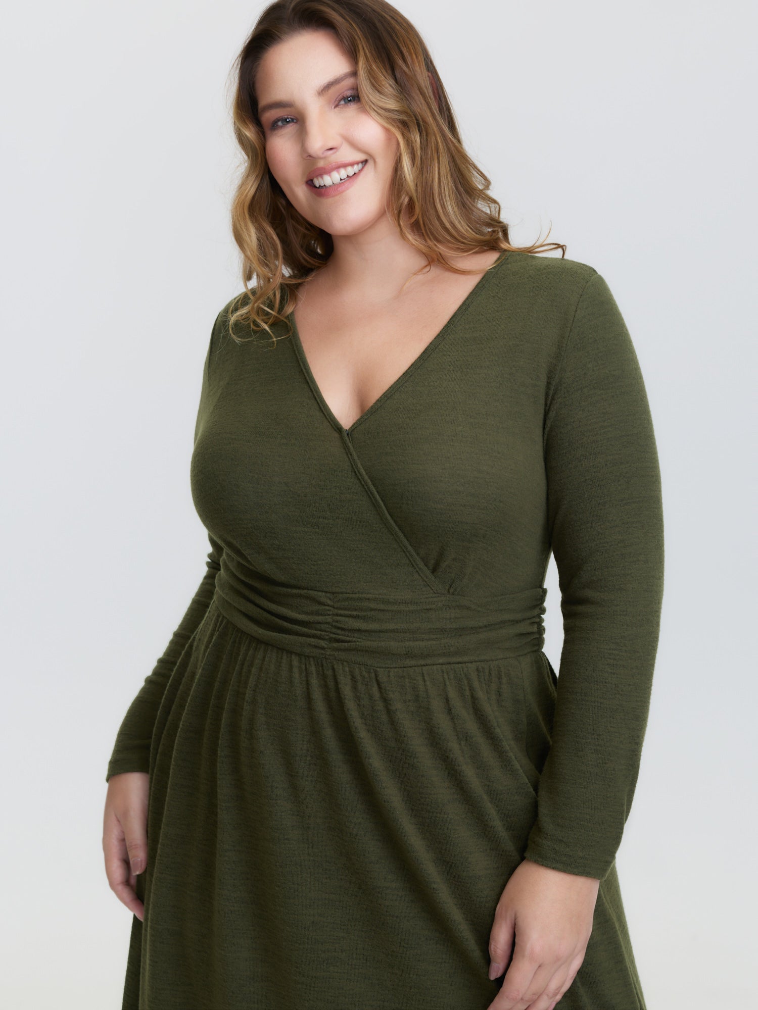 Pleated Waist Wrap Neckline Knit Maxi Dress