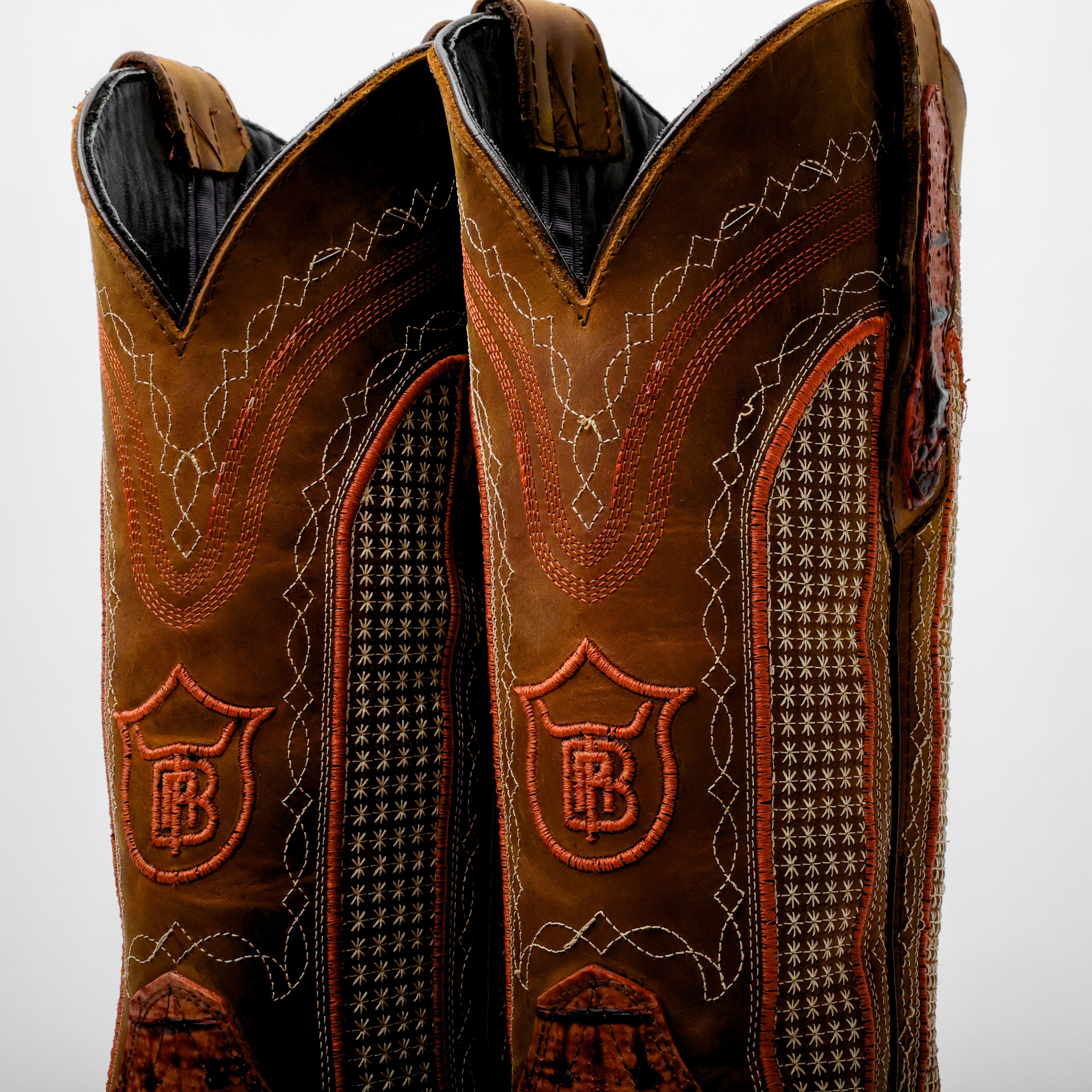 Cognac Caiman Neck Leather Boots - Square Toe