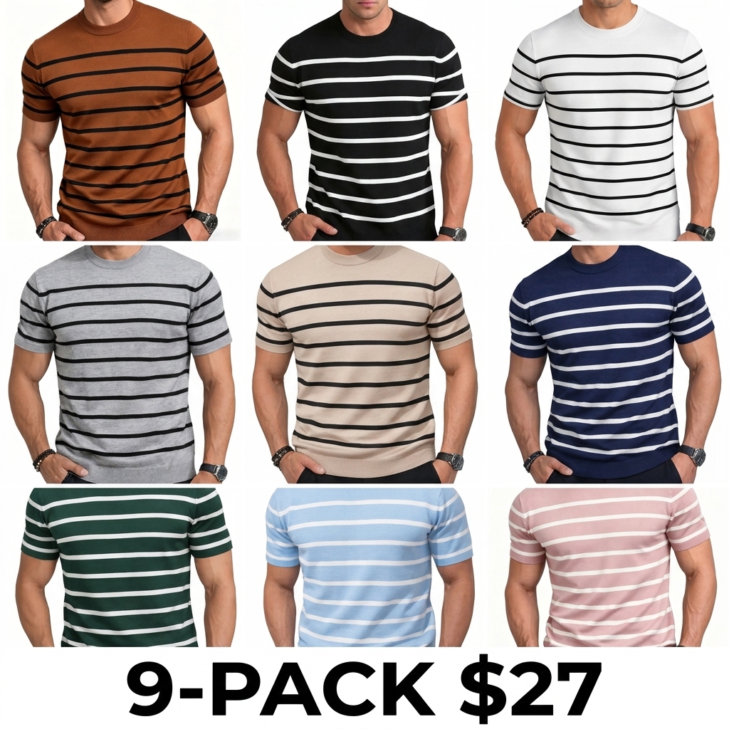 Unisex Retro Striped Knitted T-Shirt – Vintage Crew Neck Summer Basic
