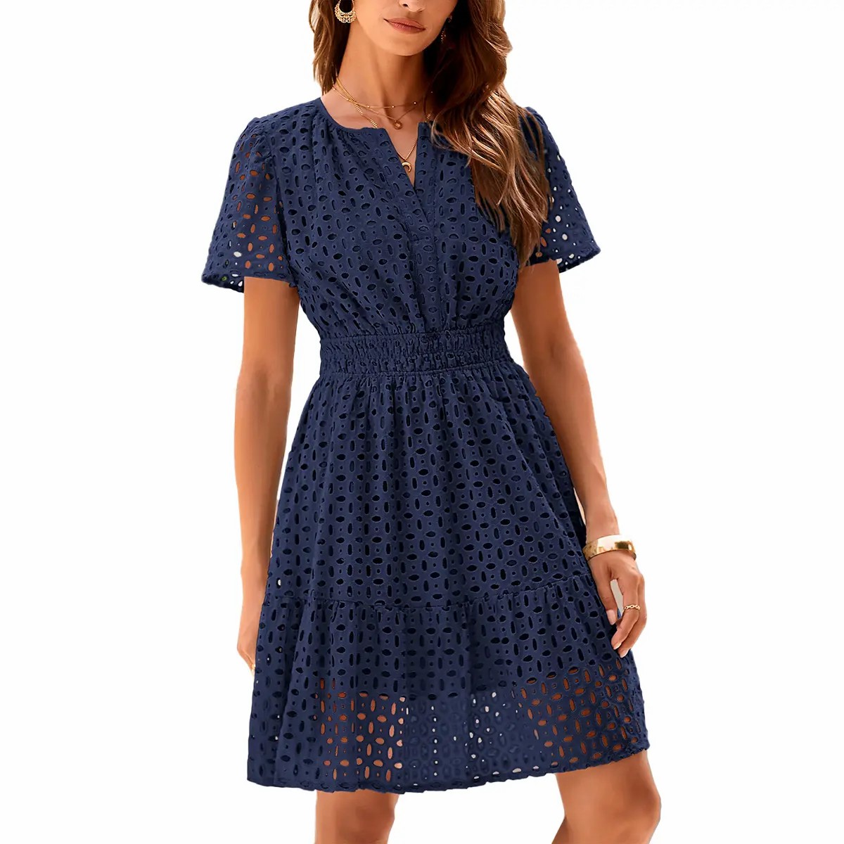 Women’s Eyelet Lace A-Line Summer Dress – V-Neck Ruffle Casual Mini Dress