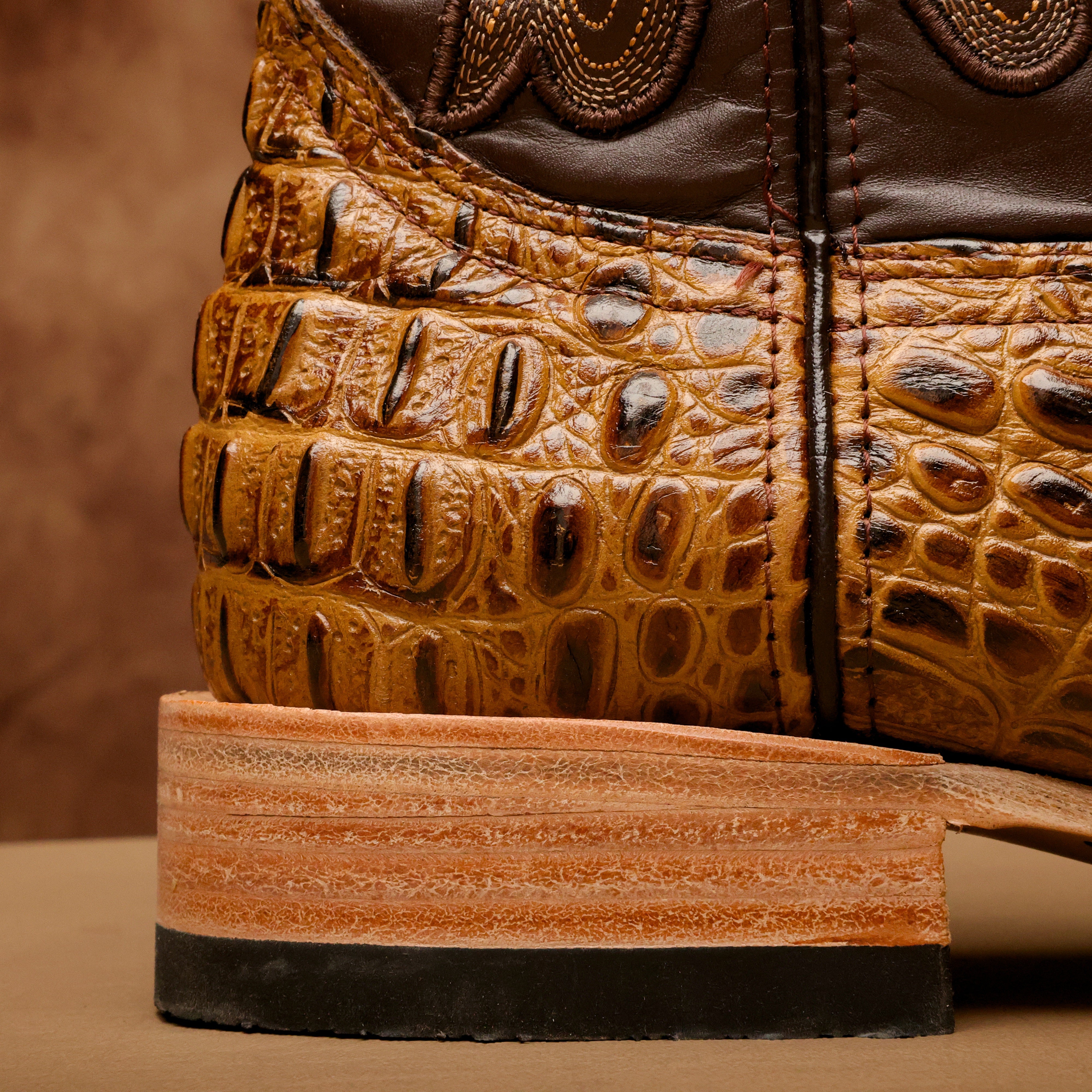 Honey Caiman Neck Leather Boots - Square Toe