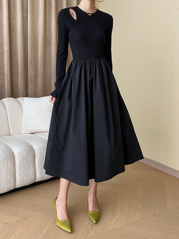 Elasticity Hollow Solid Color Split-Joint A-Line Long Sleeves Round-Neck Midi Dresses