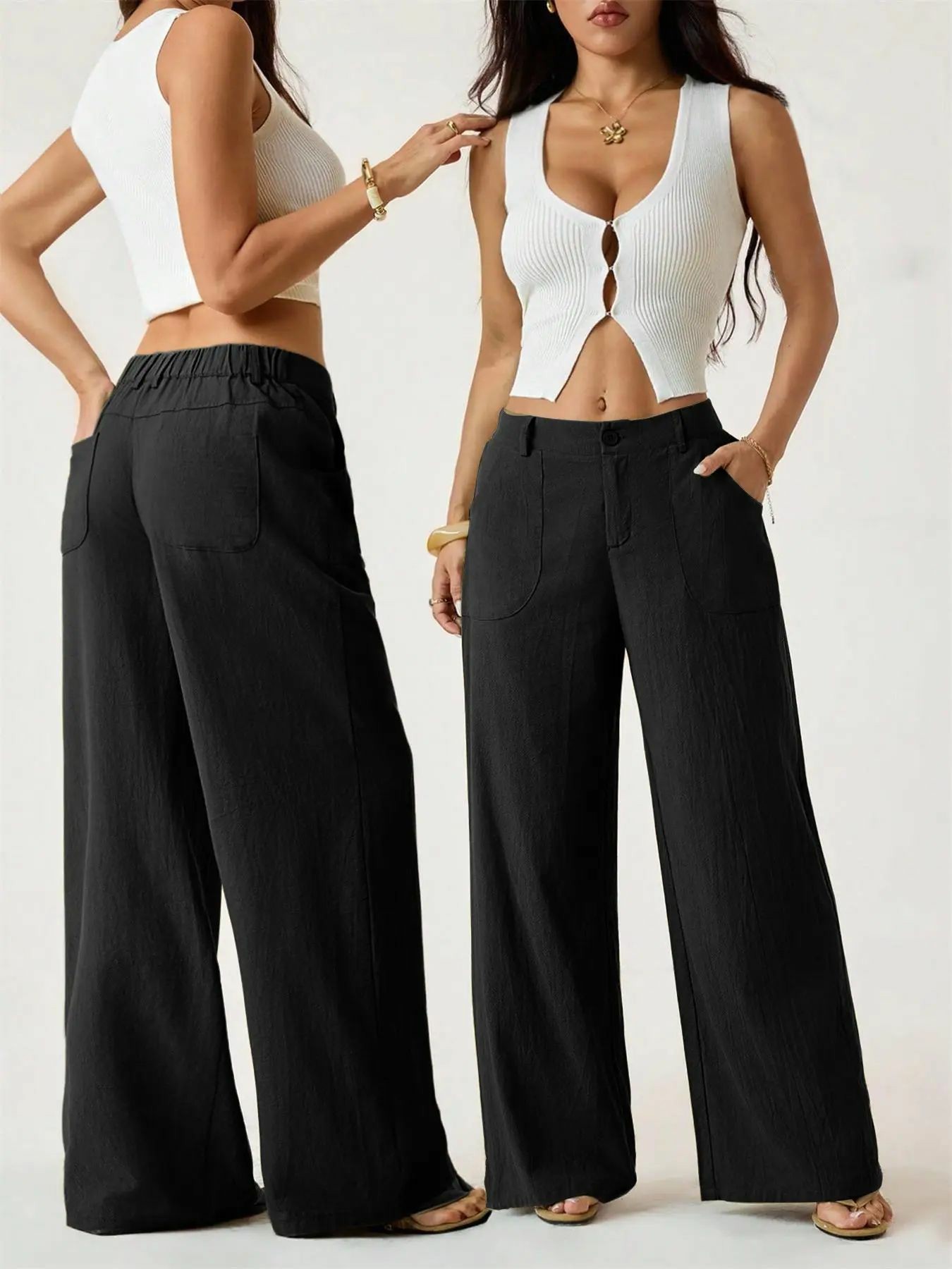 Women's Classical Linen Palazzo Pants Summer Flowy Wide Straight Leg Beach Trousers With Pocket