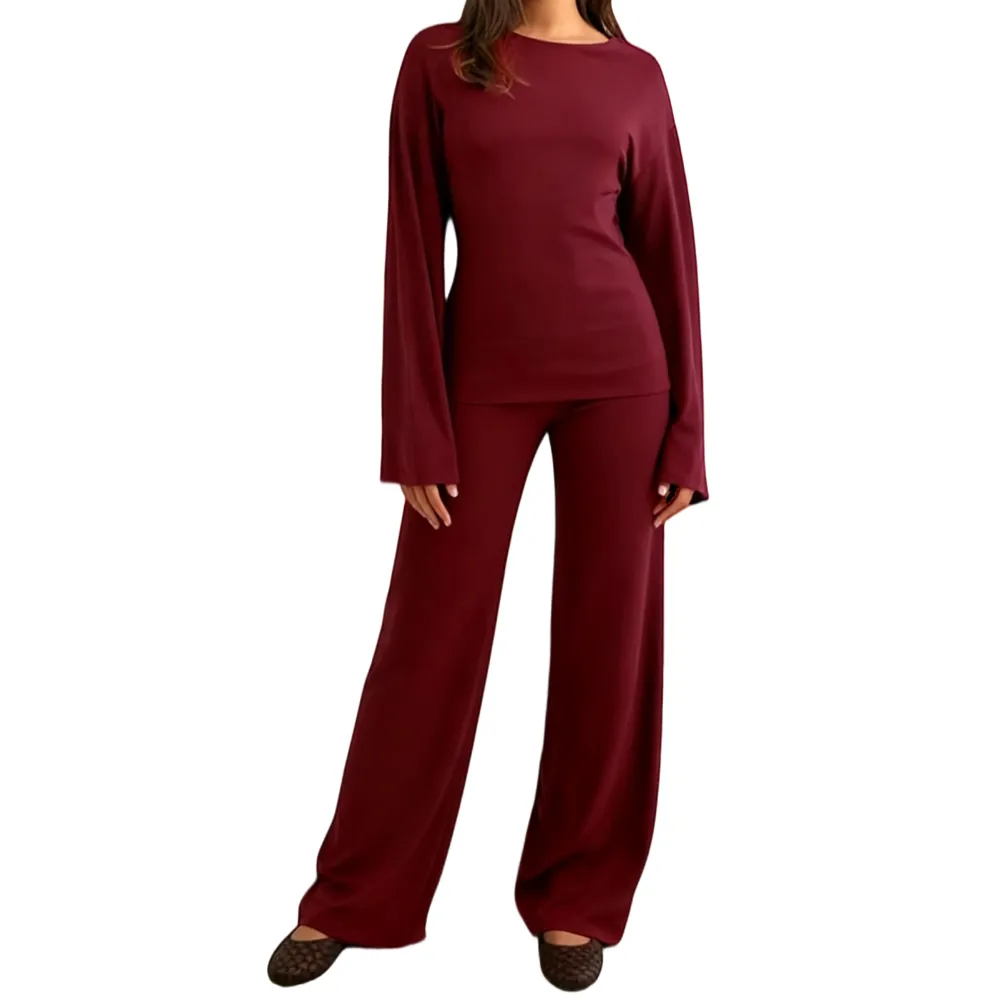 Women's Fall Round Neck Flare Top & Elastic-Waist Pants Set