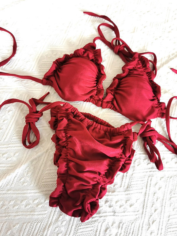 Sexy Solid Color Triangle Ruffled Lace-Up Bikini Swimwear