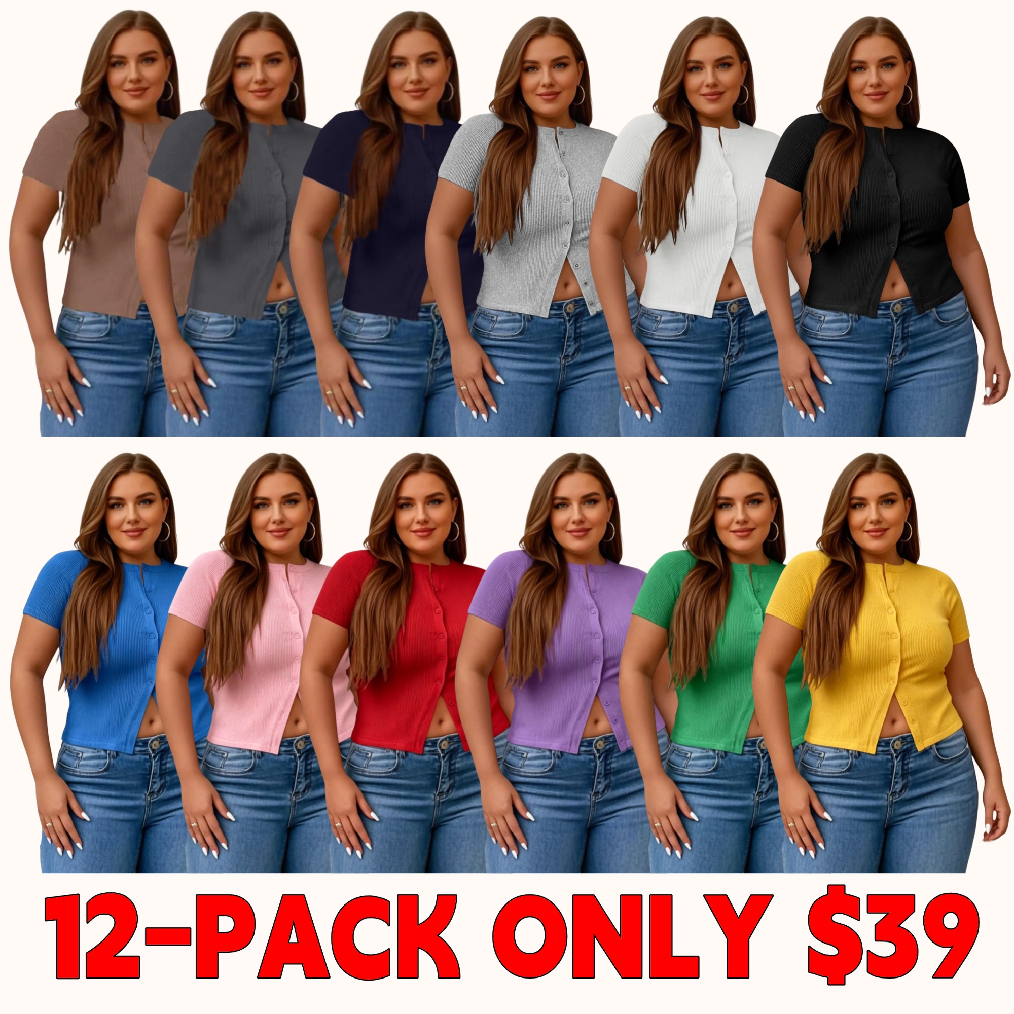 【Plus Size】 Solid Ribbed Short Sleeve Top, Casual Button Front Top for Summer, Women's Plus Clothing for Daily Wear