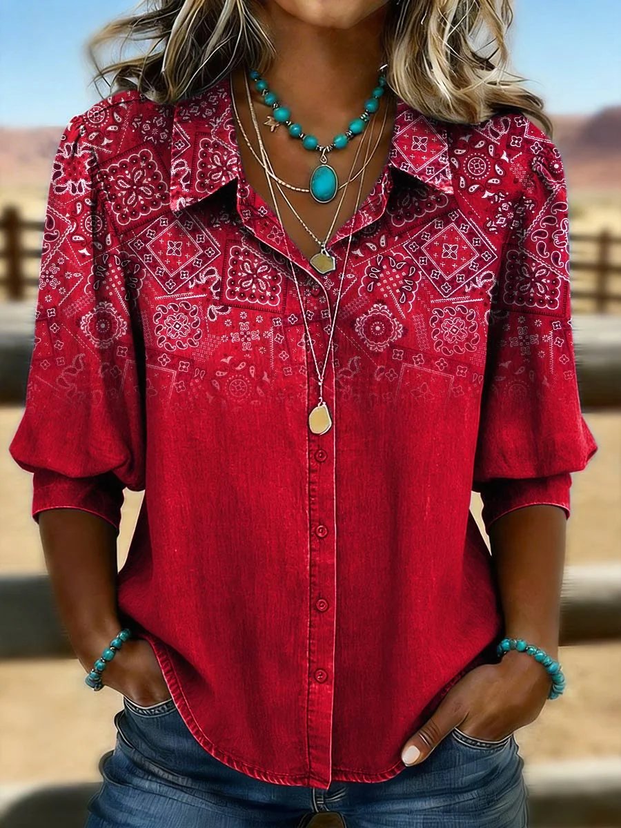 Retro Print Casual Puff Sleeve Shirt