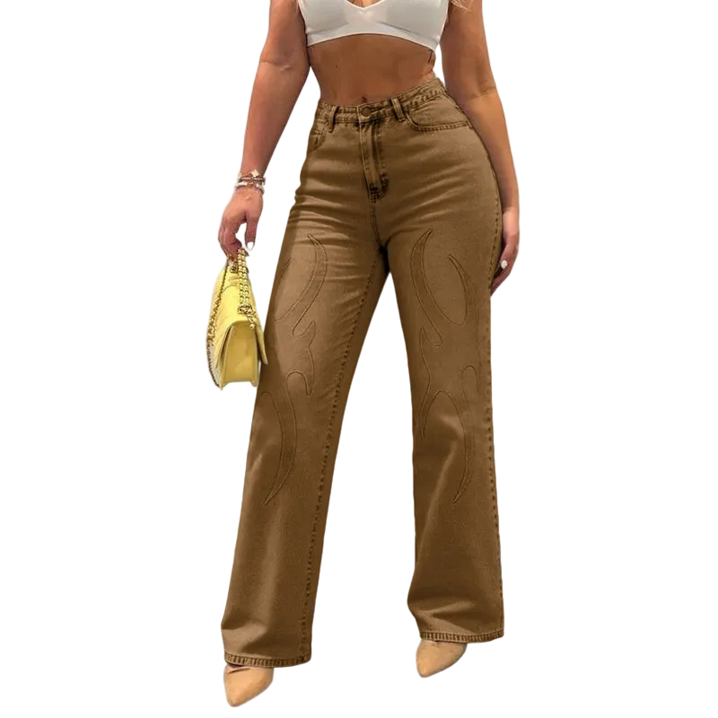 Y2K streetwear inspiration, women's embossed flame pattern jeans