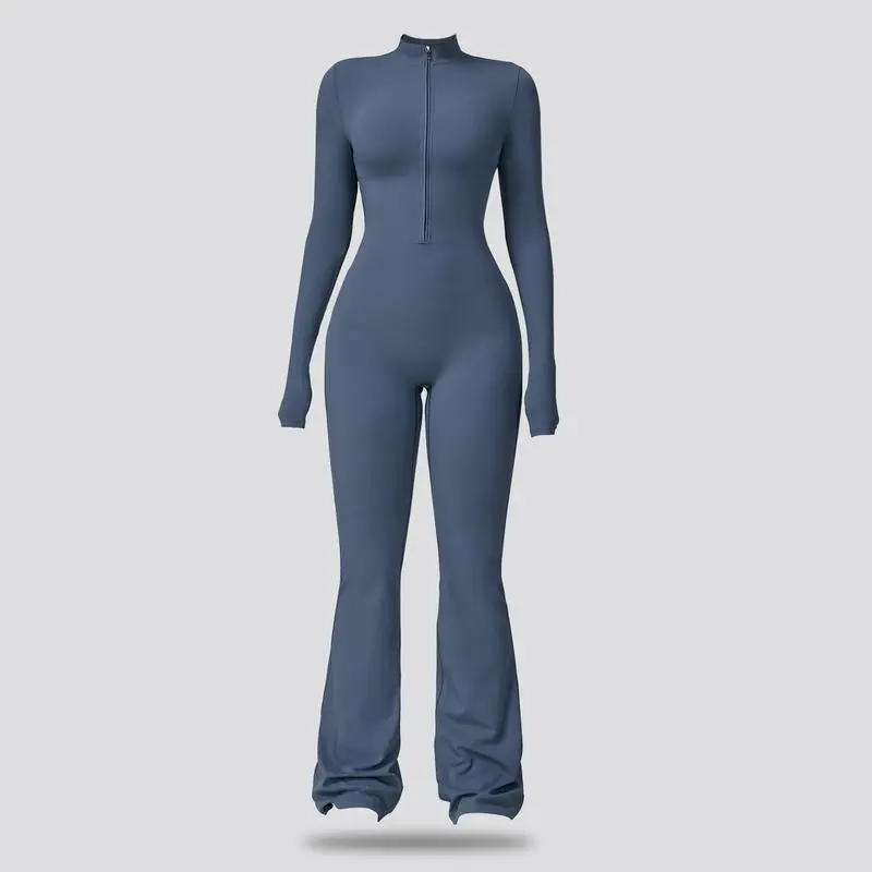 Women's Long Sleeve Flared Sports Jumpsuit - Zipper Jumpsuit