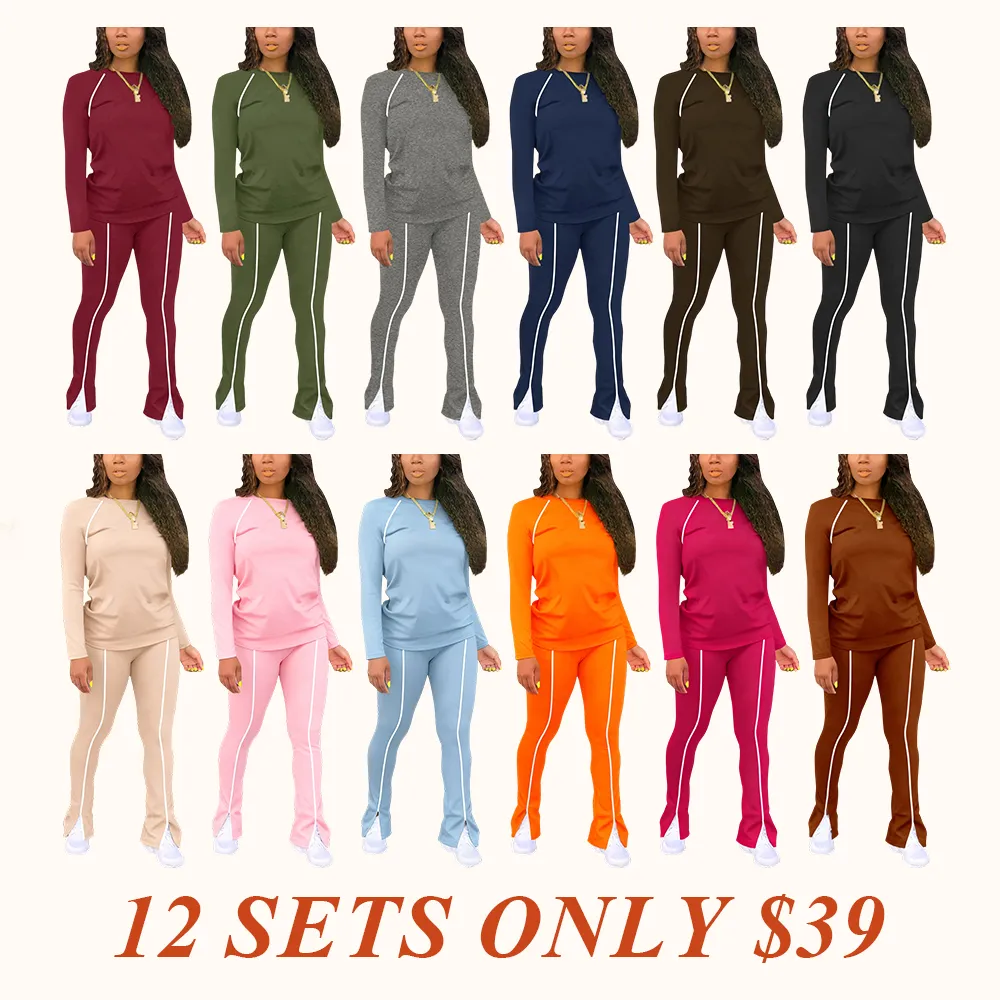 Women's Fashion New Round Neck Solid Color Patch Long Sleeve Top & Pants Set, Two-Piece for Casual Wear