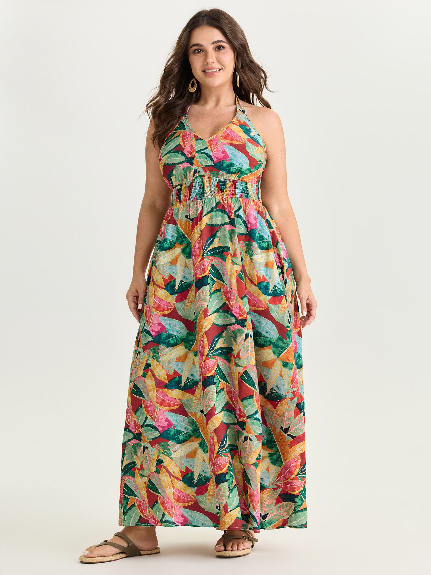 Supersoft Multi-Color Floral Print Shirred Waist Midi Dress