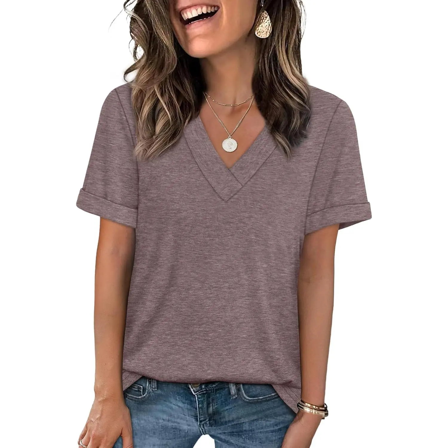 Womens Summer Tops Short Sleeve Basic Casual V Neck T Shirts Trendy Fashion