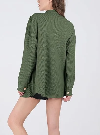 Women's Loose Fit Batwing Sleeve Waffle Knit Button Down Shirt Shacket Tops