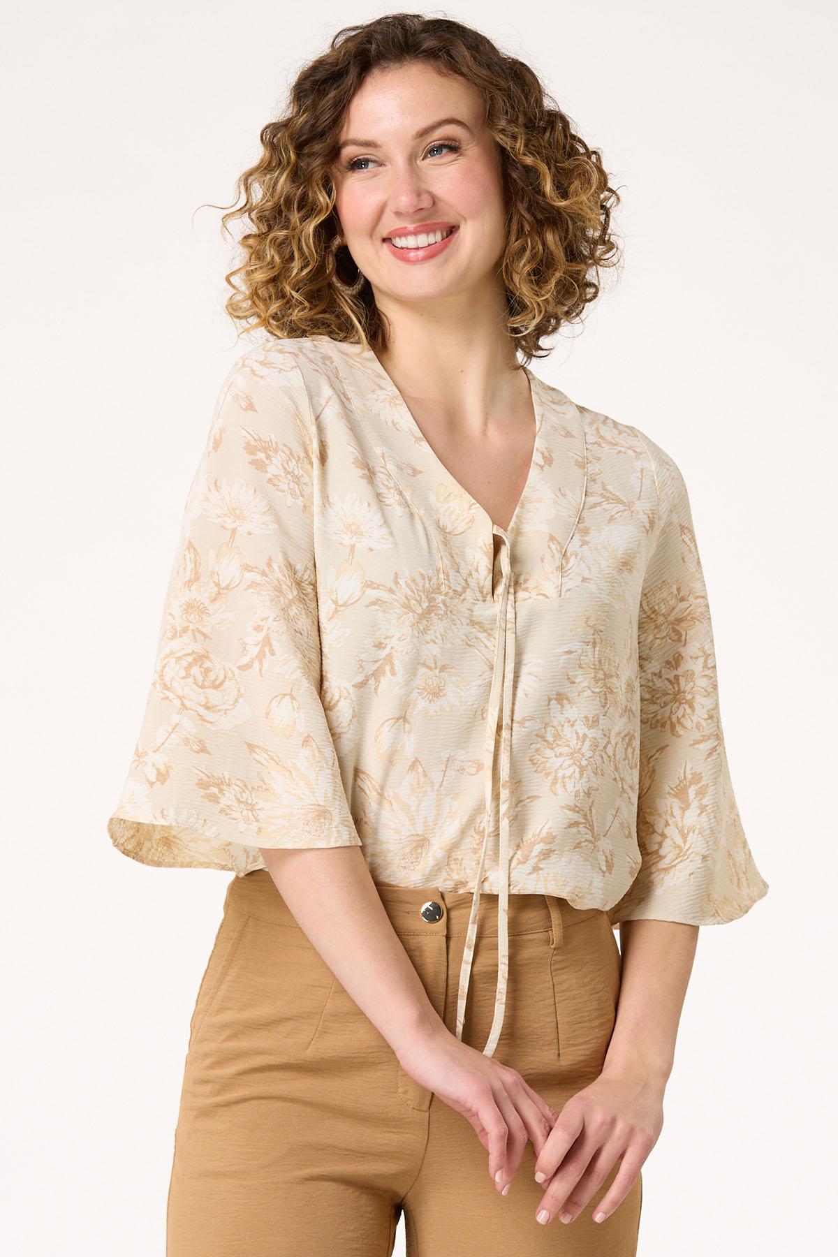 Natural Floral Tie Front Top